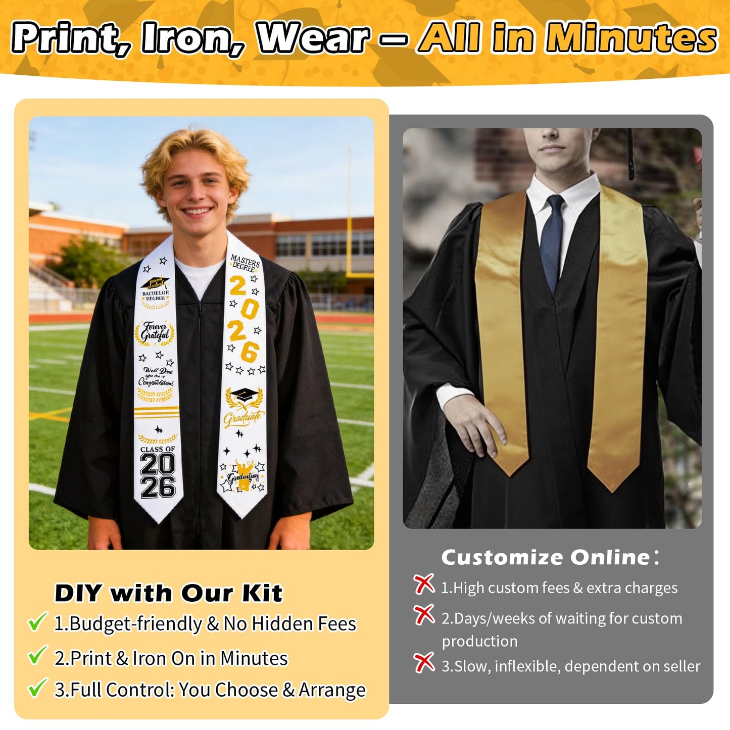 Meetory Graduation Stole Sash - Personalized Iron on transfers, DIY Customize Graduation Stole, Class of 2026 Decorations, Custom Iron on transfers for Graduation