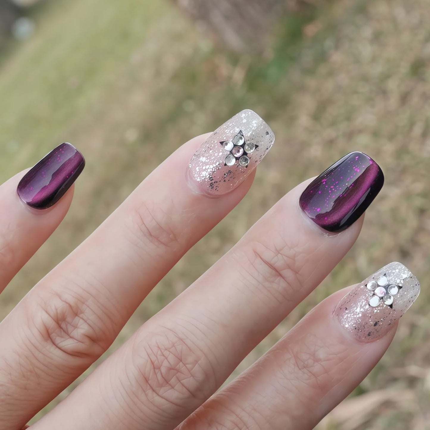 Tesytto Handmade Short Square Press On Nails, Purple Cat Eye Glitter False Nails with 3D Star Rhinestone, Reusable Fake Nails for Women, 10Pcs (Gemstone Starry Night, L)