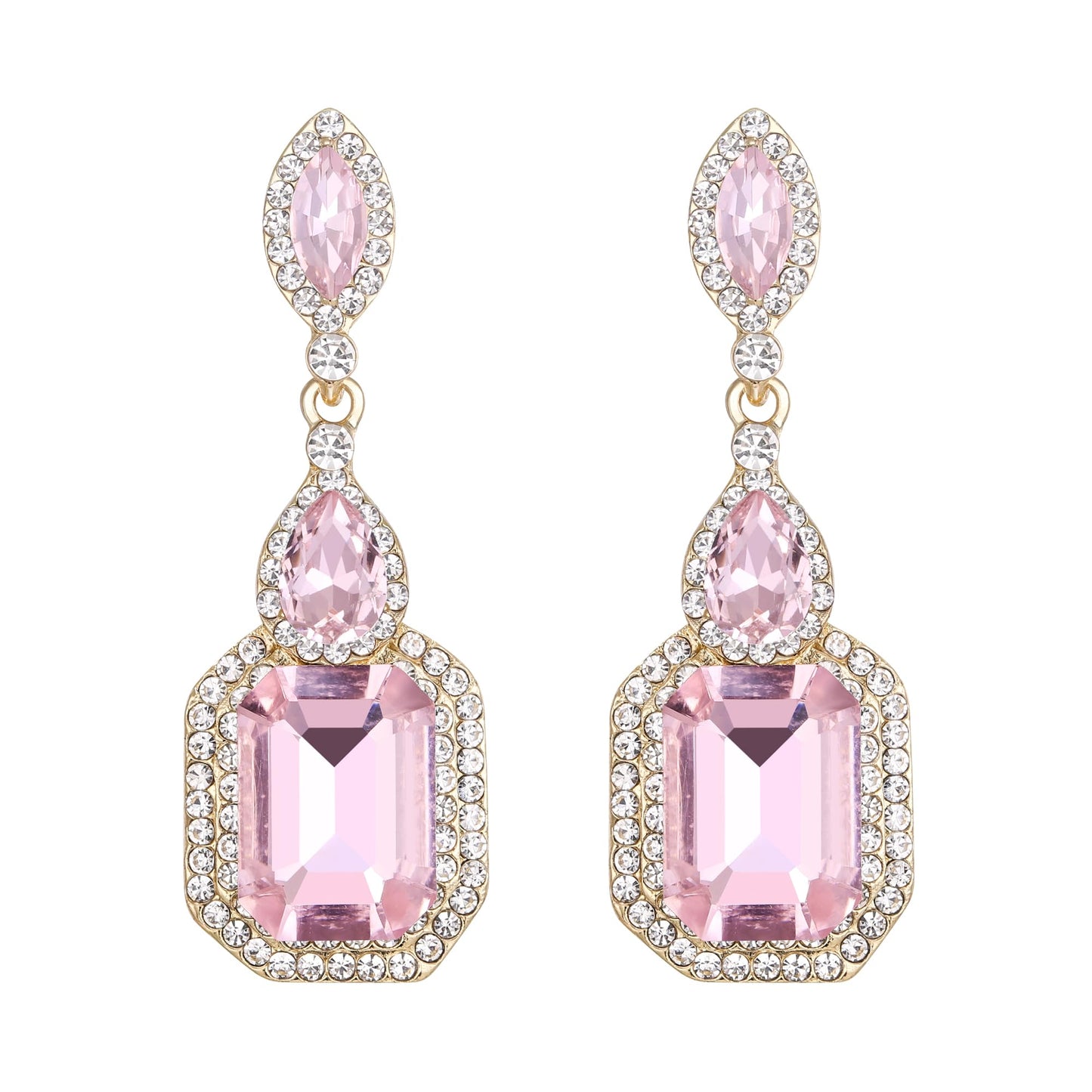BriLove Wedding Bridal Dangle Earrings for Women Emerald Cut Crystal Infinity Figure 8 Chandelier Jewelry Pink Gold-Tone