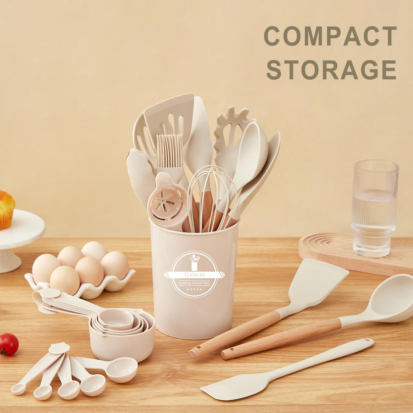 Gaixvny Kitchen Utensils Set - 34 PCS Non-Stick Silicone Cooking Utensils Set Spatula Set with Holder, Wooden Handle Spoon,Brush,Whisk Kitchen Gadgets Tools Set for Nonstick Cookware (Cream White-34P)