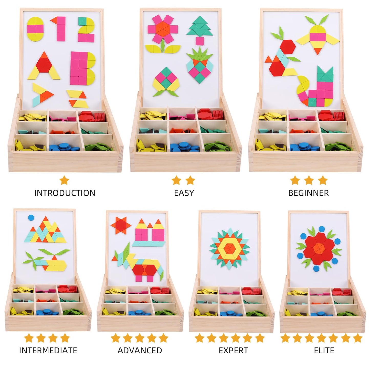 GEMEM 288 PCS Wooden Magnetic Pattern Blocks Set,Montessori Tangram Puzzle STEM Toys for Kids Ages 3-8, Educational Learning Toys Gift