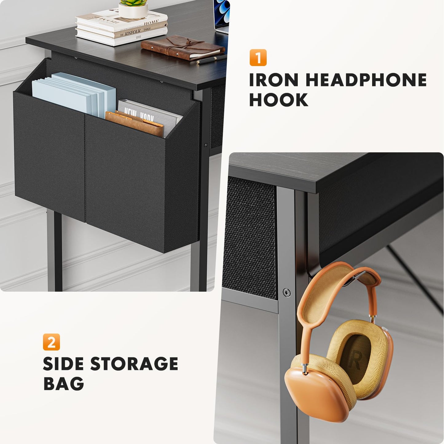 Sweetcrispy Small Desk with Fabric Drawers for Bedroom Home Office, 32 Inch Computer Gaming Desk Writing Study PC Table with Side Bag Headphone Hook Metal Frame Adjustable Feet,Pure Black