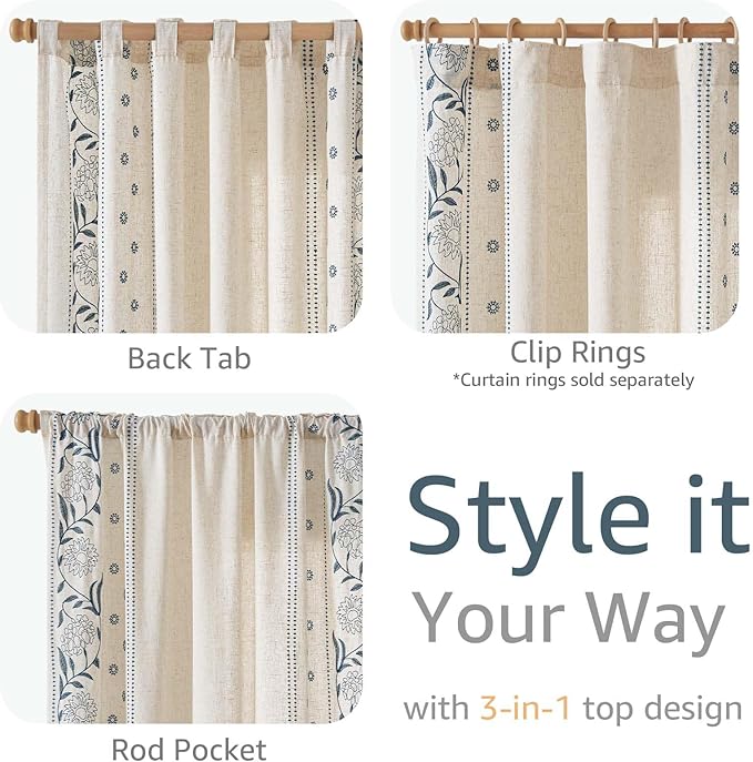 jinchan Winslow Linen Curtains for Bedroom 108 Inches Length Embroidered Bordered Floral Curtains for Living Room Farmhouse Decor Light Filtering Window Treatments Blue on Beige Drapes 2 Panels