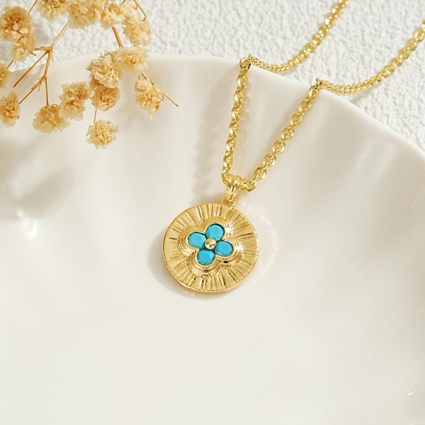 LOLAR RAY Clover Medallion Necklace 14K Gold Plated Turquoise Pendant with Radiant Pattern Adjustable Chain Elegant Gift for Women