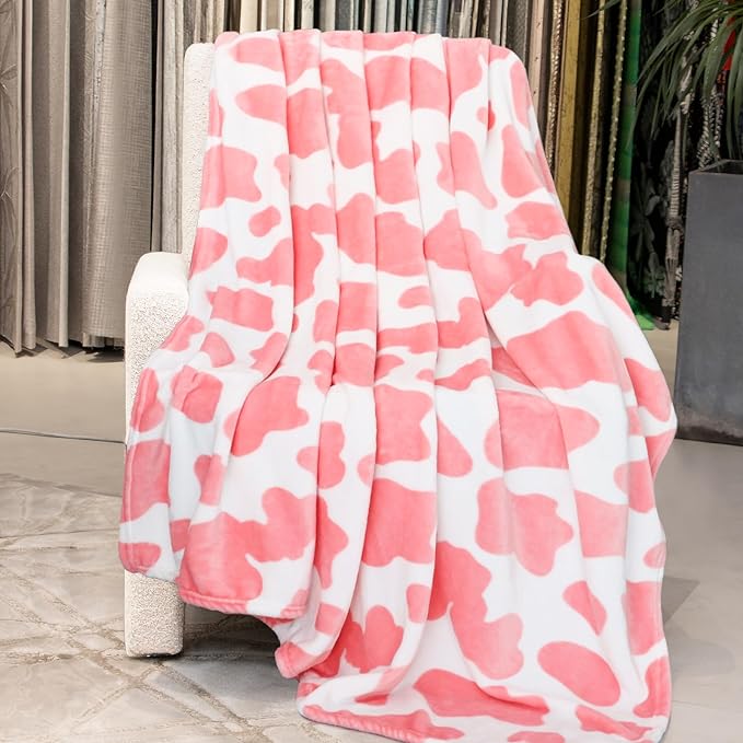 Pink Twin Fleece Blanket - Cozy Fuzzy Lightweight Cow Print Fleece Throw for Bed, Sofa, Room Decor -Soft Cow Gifts for Girls 60"x80"