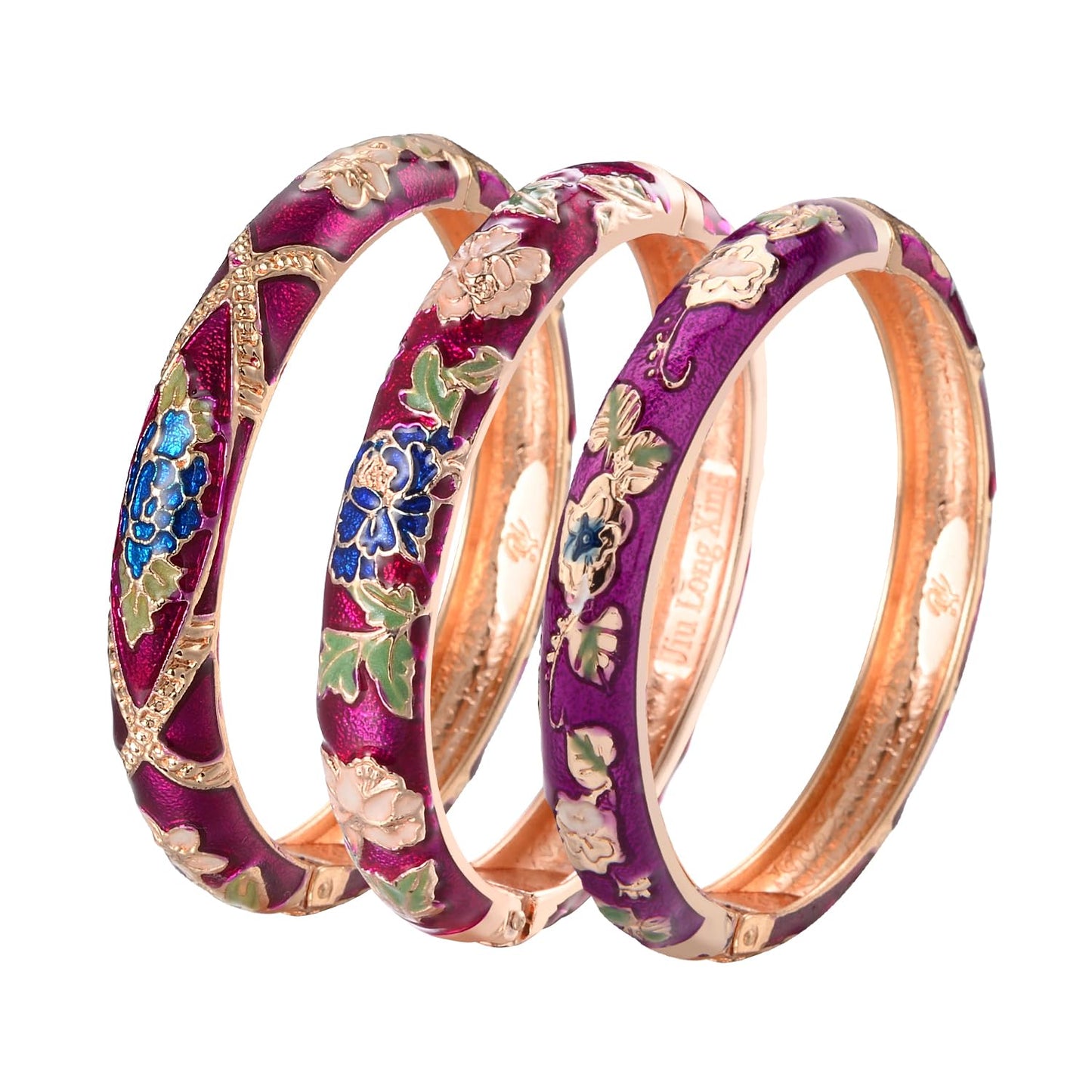 UJOY Womens Multi-Colors Cloisonne Bracelet Gold Plated Flower Enameled Hinged Cuff Bangles Jewelry Gift 55A-3PCS Purple