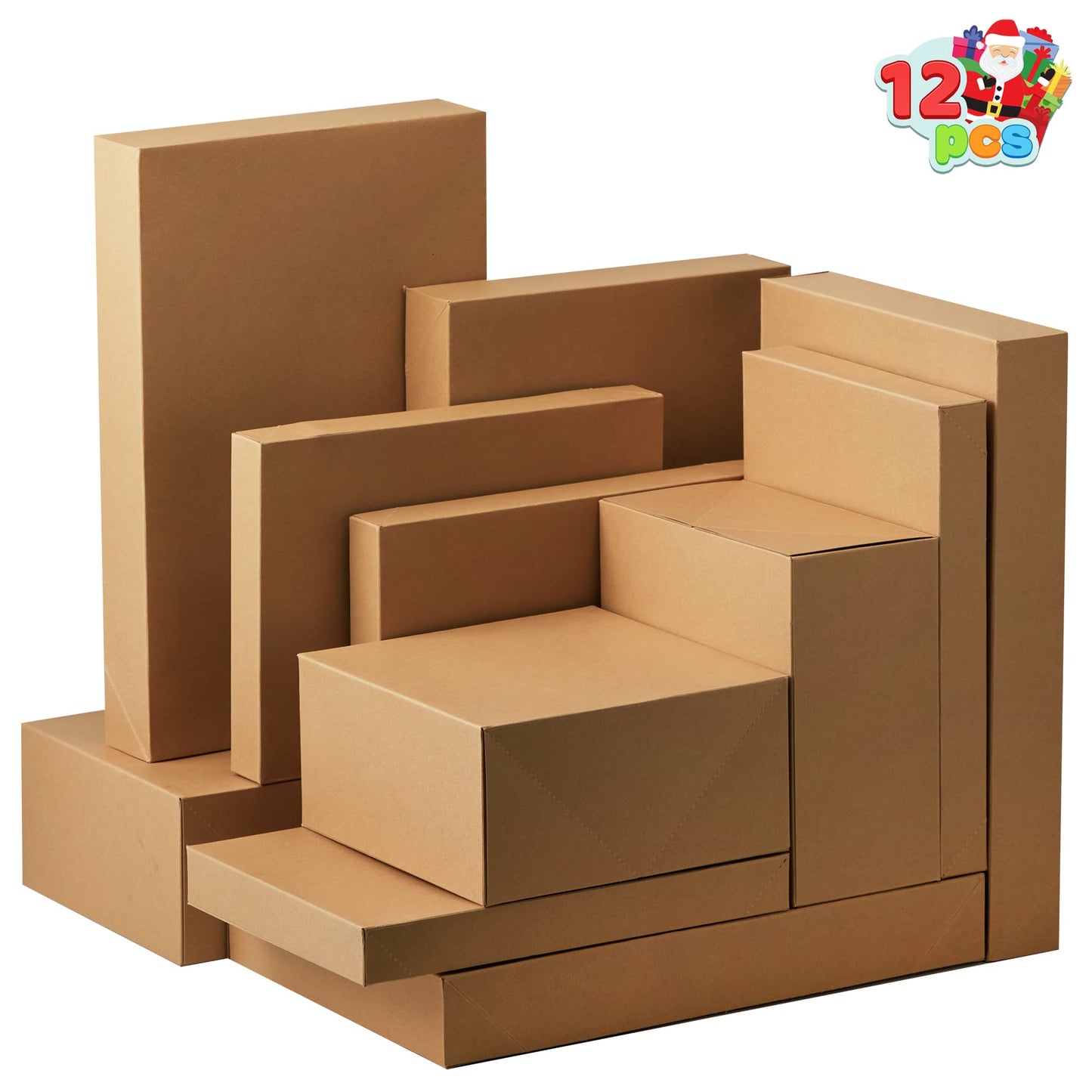 JOYIN 12PCS Christmas Brown Gift Boxes with Lids for Presents, 4" Deep Large Shirt Robe Wrapping Box, 4 Different Sizes Holiday Festive Lingerie Cupcake DIY Kraft Cardboard Boxes