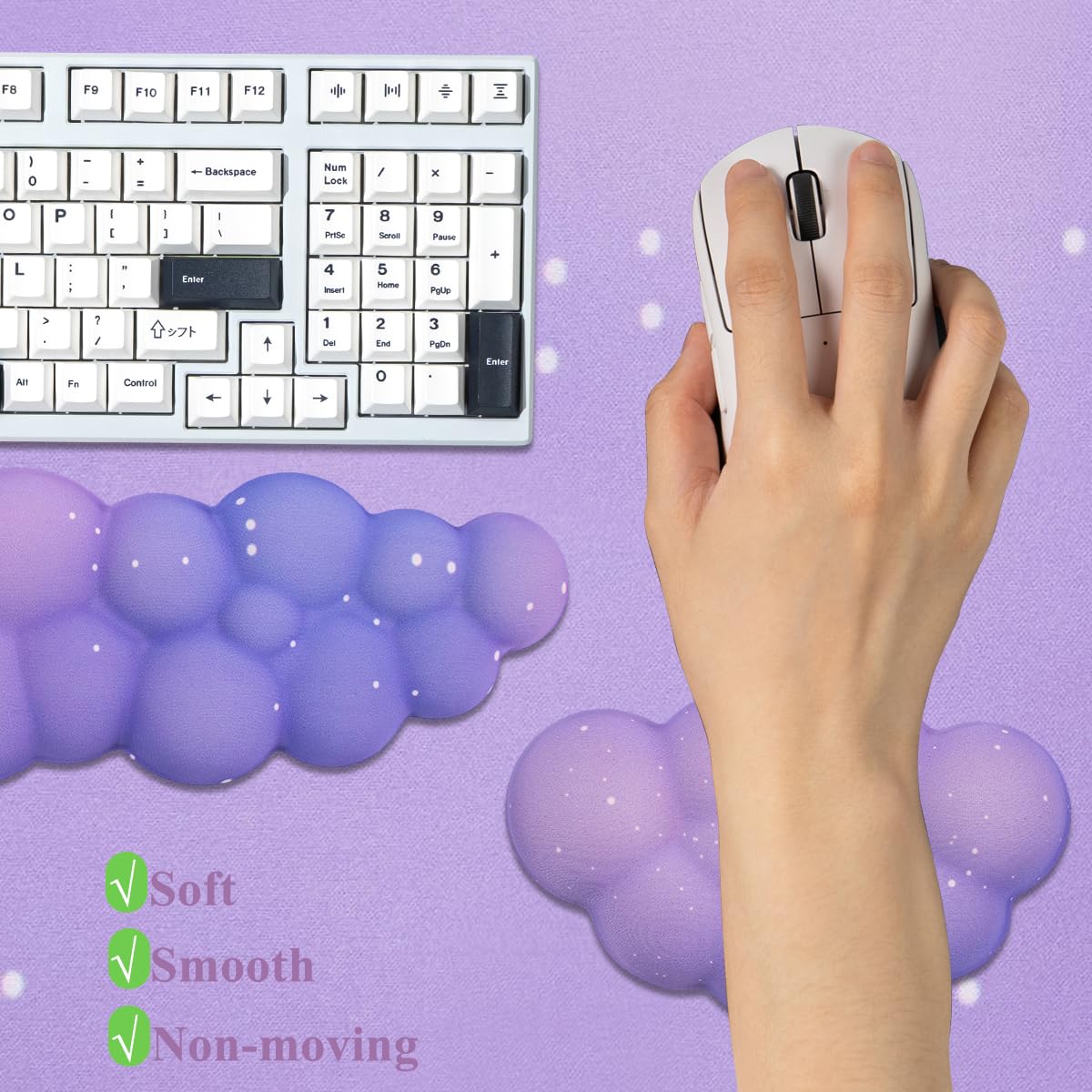 Gaming Desk Mat with Keyboard Wrist Rest Set, 4 in 1 Large Mouse Pad & Cloud Keyboard Wrist Rest& Mouse Wrist Rest&Coaster, Comfort and Support for Typing and Gaming(Purple Starry Night)