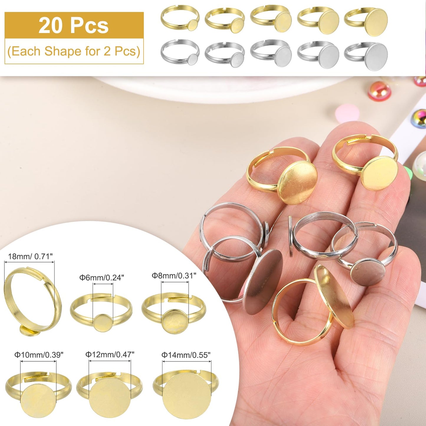 MECCANIXITY 20Pcs Metal Ring Base Blank, 6/8/20/12/14mm Adjustable Pad Cabochon Ring Blank Base Flat Bezel Tray for Jewelry Making Finding DIY Craft, Silver/Gold