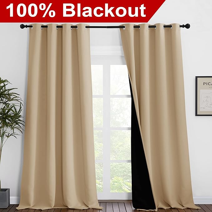 NICETOWN Thermal Insulated 100% Blackout Curtains, Sound Proof Drapes with Black Backing, Full Light Blocking Panels for Patio Sliding Door (Biscotti Beige, 1 Pair, 55 inches x 102 inches)