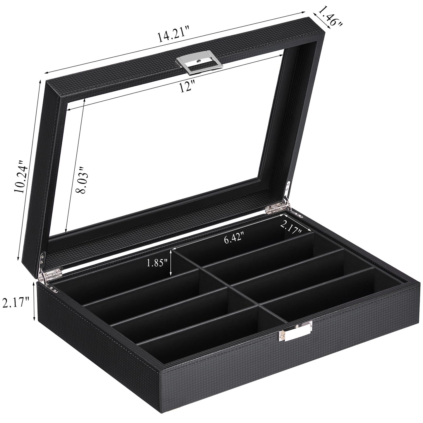 BEWISHOME Sunglass Organizer Case, 8-Slot Glasses Display Case With Large Clear Glass Lid, Pu Leather Lined Glasses Organizer for Men