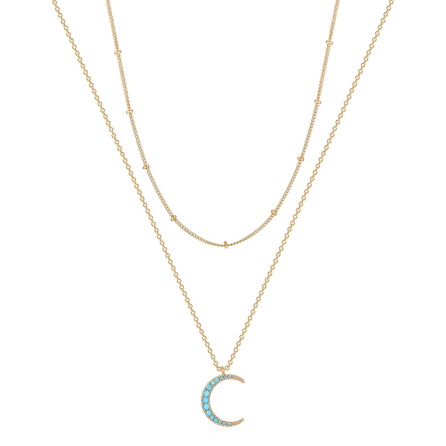 MEVECCO Gold Dainty Layered Crescent Necklace Half Moon Necklace 18K Gold Plated Delicate Moon Phase Tiny Turquoise Jewelry