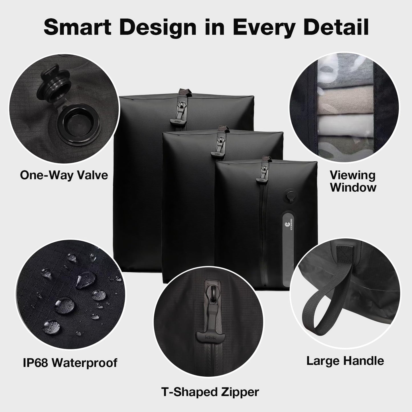 Travel Vacuum Storage Bags with Portable Pump, 3 Pcs IP68 Reusable Extra Large Compression Storage Bags, Space Saver for Clothes, Blanket, Comforter, Fits 20-28 Inch Suitcase, Holds Up to 50+ Items