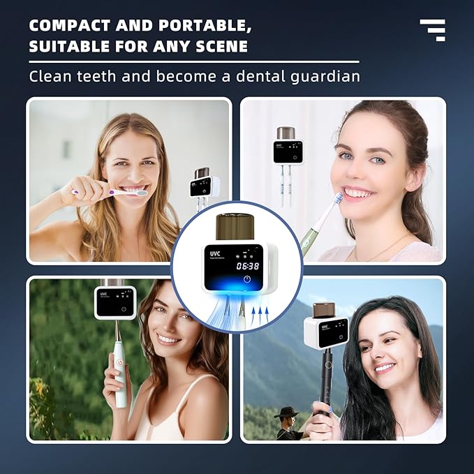 Toothbrush Cleaner and Toothbrush Holder, Cleaning Light, Fan Dry and Thermostatic Dry 3-Step Cleaning, LED Smart Screen, Rechargeable Wall Mount Bathroom Toothbrush Holder (White)