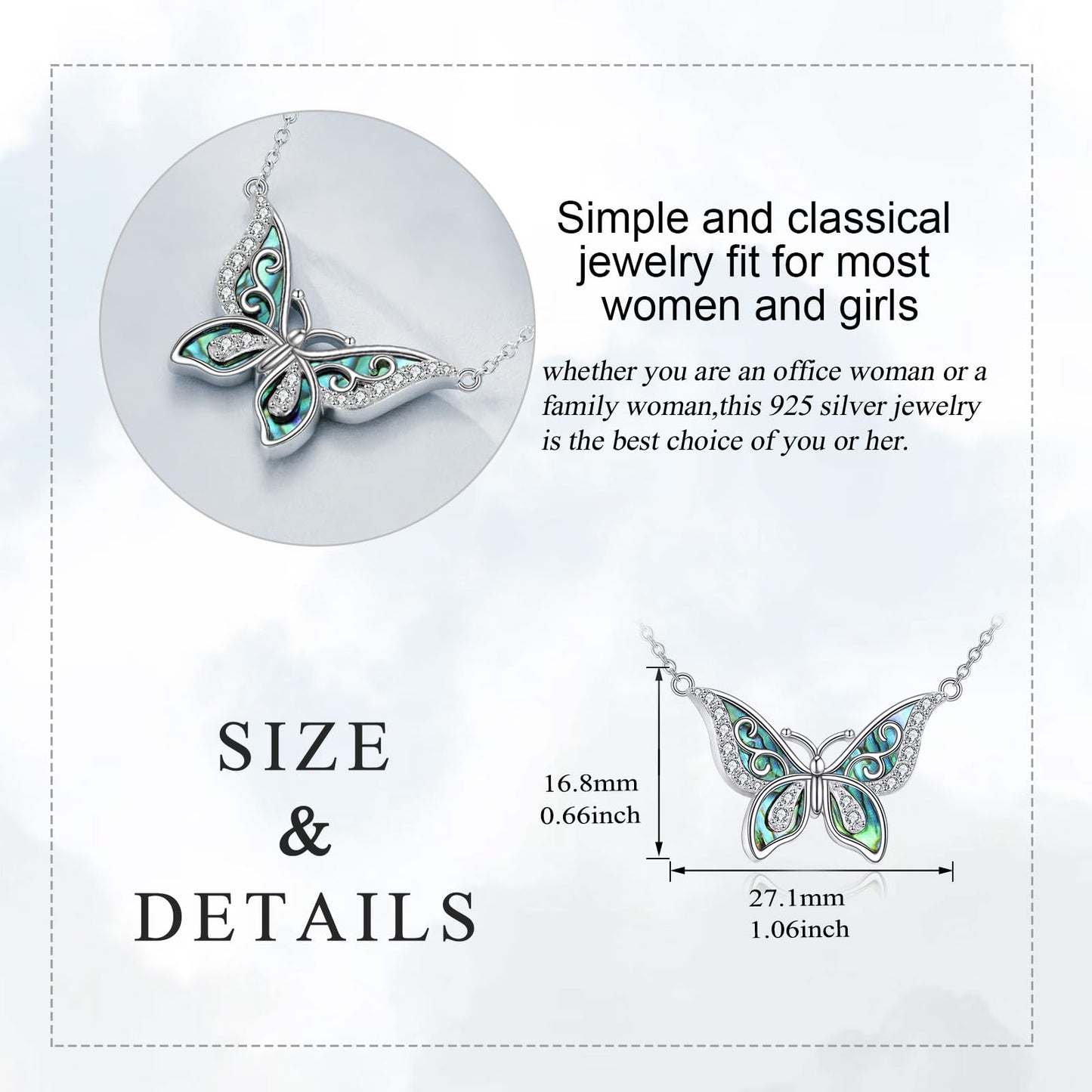 KQF Butterfly Necklace 925 Sterling Silver Butterfly Pendant Abalone Shell Jewelry Gift for Women Mom Daughter