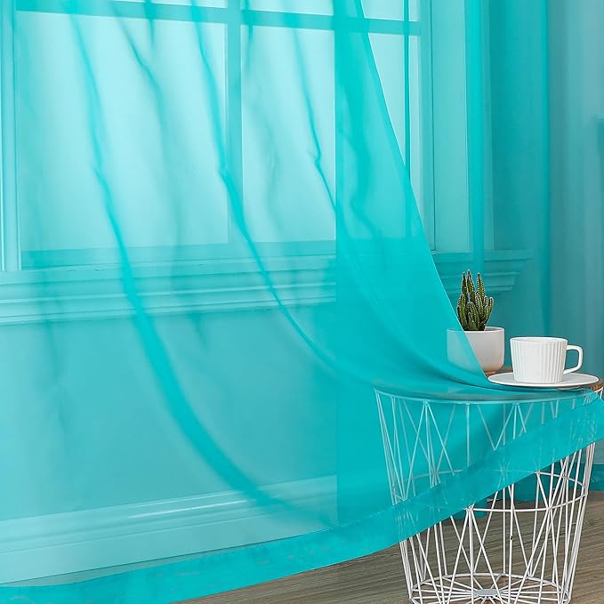 OVZME Turquoise Sheer Curtains 90 Inches Long 2 Panels - Soft Light Filtering Window Sheer Panels for Living Room/Bedroom, Top Dual Rod Pocket, 1 Pair, Each 42Wx90L Inches