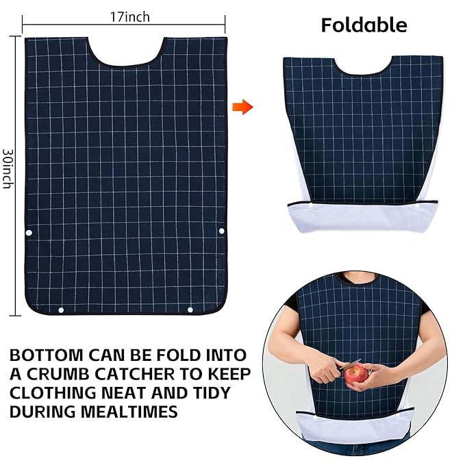 XKDOUS 2pcs Adult Bibs For Men Washable, Reusable Waterproof Large Bibs For Adult, Clothing Protector With Crumb Catcher, Blue & Black Bibs For Eating, Feeding Elderly Senior Citizens Gifts