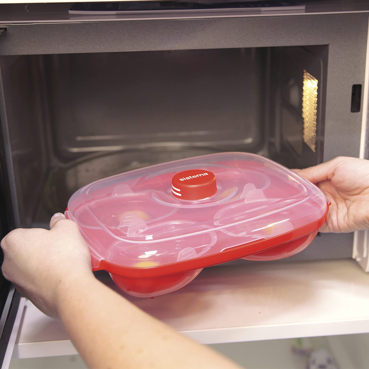 Sistema Microwave Poacher for up to 4 Eggs, Red/Clear, 28.7 x 20.5 x 8.4 cm