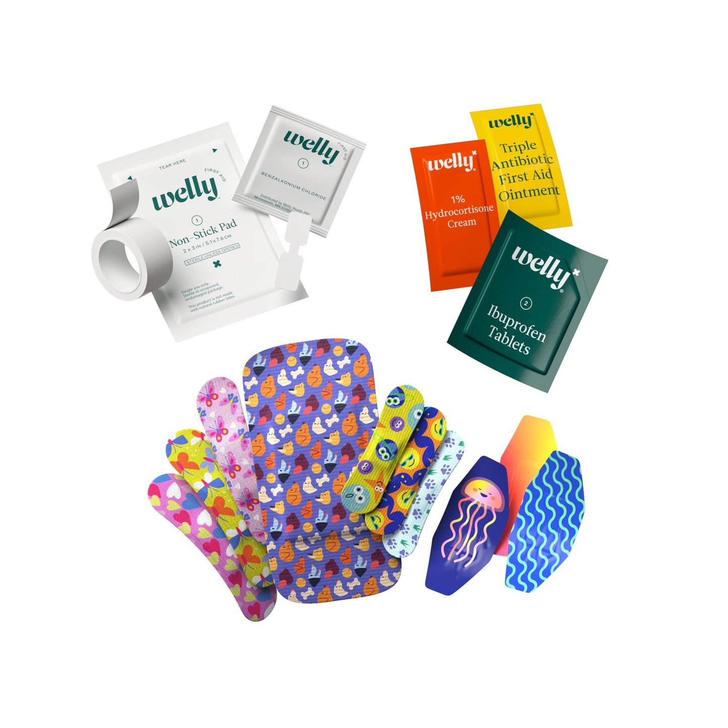 Welly First Aid Kit - Bravery Badges in Flexible Fabric and Waterproof, Tape and Non-Stick Pads, Butterfly Strips, Singe Use Ointments Triple Antibiotic and Hydrocortisone, and Ibuprofen - 130 Count