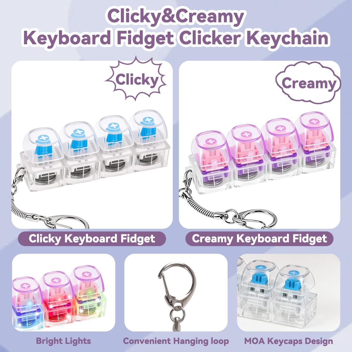 2Pcs Light Up Keyboard Fidget Toy for Adult, Creamy & Clicky Keyboard Fidget Clicker Keychain, Purple Stress Relief Fidget Keyboard for Anxiety Decompression(Purple)