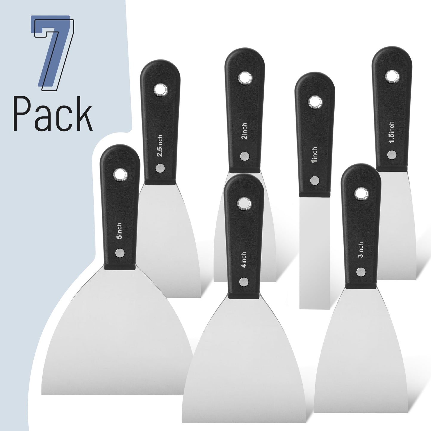Bates- Putty Knife Set, 7 pcs, Stainless Steel, 1" 1.5" 2" 2.5" 3" 4" 5" Flexible Metal Scraper, Drywall Spackle Knife, Metal Paint Scraper Tool, Putty Knife Scraper, Wall Scraper, Drywall Knife