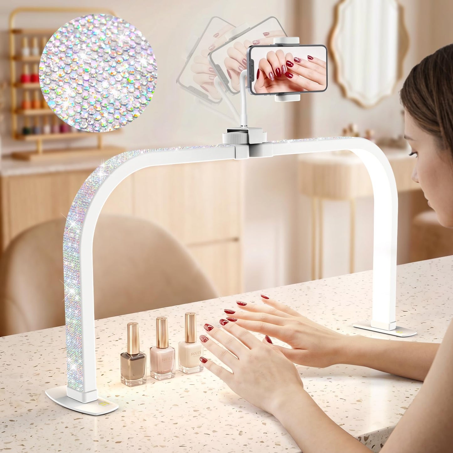 LIONVISON Nail Light for Desk: 29" Foldable Half Moon Light for Nail Tech with Phone Holder - 3 Color Modes & 10 Brightness - 40W Arch LED Nail Desk Lamp for Manicure Salon (with Diamond)