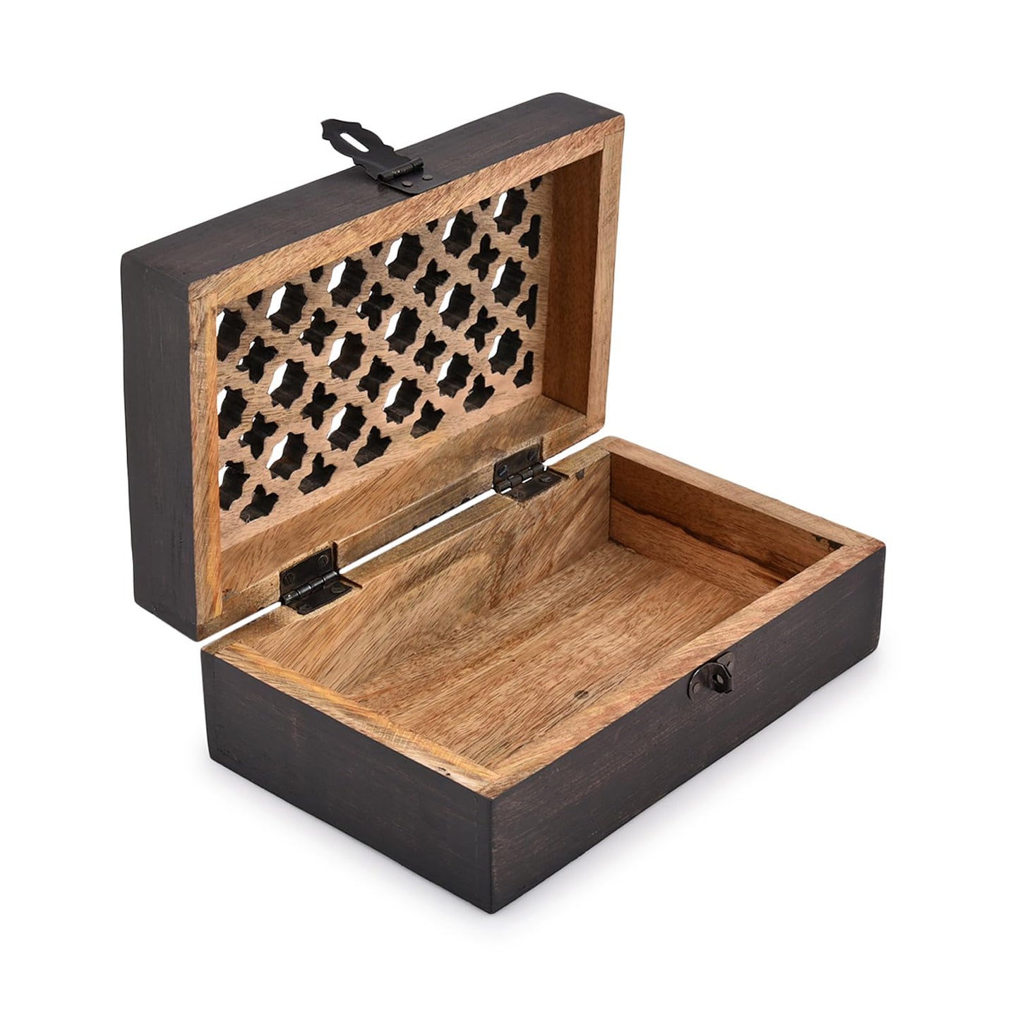 BHAVATU Mango Wood Decorative Wooden Box with Hinged Lid Ideal for Keepsakes, Trinkets, Jewelry and Other Stash (8" x 5" x 3")