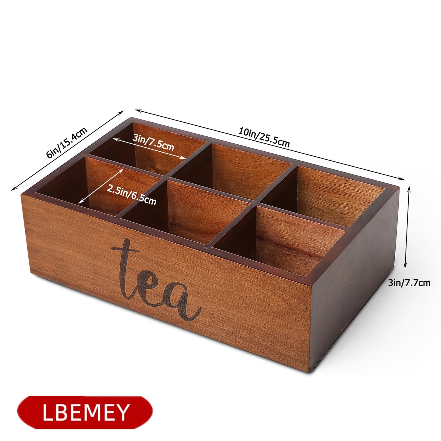 LBEMEY Tea Bag Organizer,Acacia Wood Tea Storage Containers with 6 Compartments, Sugar Packet Holder,Tea Bag Caddy Box for Cabinet Countertop Office (Brown-Labeled "Tea")