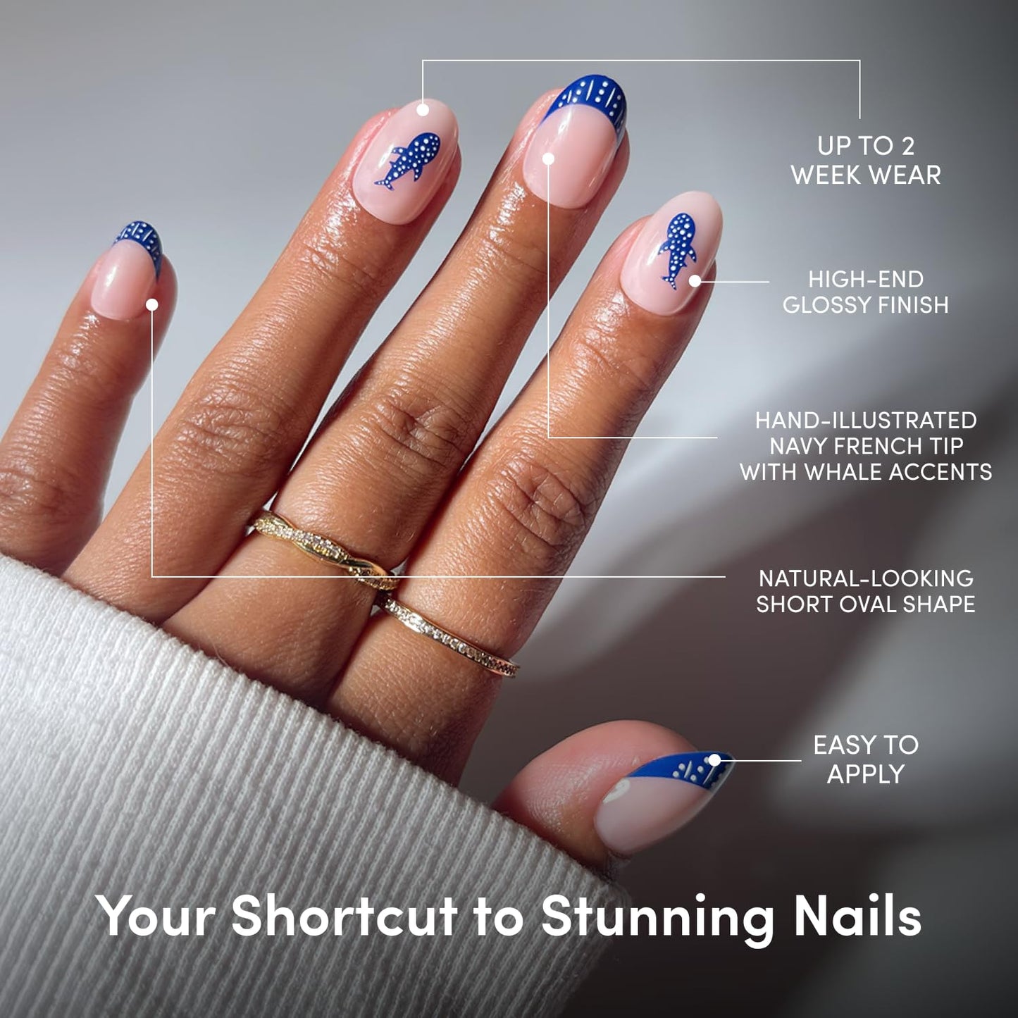Glamnetic Press On Nails - Short Oval Fake Nails with Blue French Tips, Polka Dots & Whale Accents | Salon Quality Summer Nails | Whale Waves | 15 Sizes - 30 Nail Kit with Glue