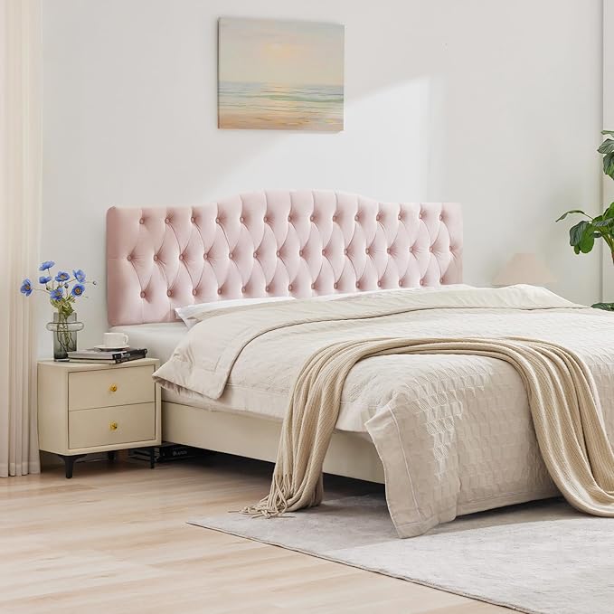 Upholstered King Headboard, Button Diamond Tufted Headboard with Adjustable Height and Solid Wood Leg, Velvet Padded Headboards for King Size Bed, Modern Head Board (Pink)