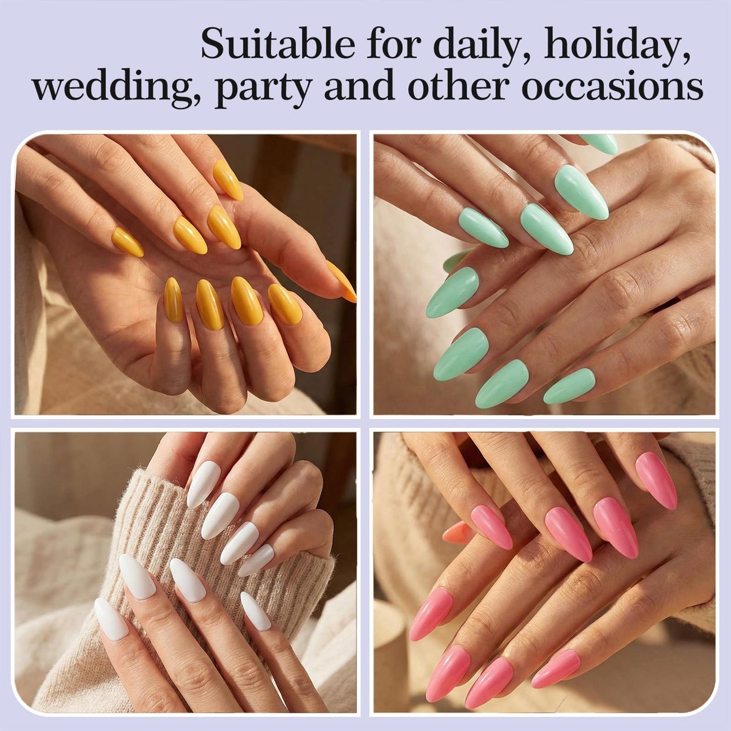 216 Pcs Almond Press on Nails Medium Almond Fake Nails with Solid Color Design Glossy Full Cover Easy Apply Manicure Kit for Women 9 Colors