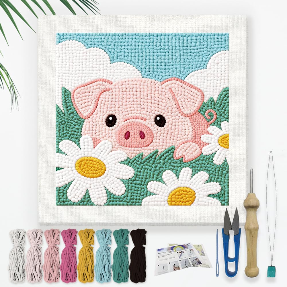 Doodlream Flowers Pig Needle Kit for Beginner, 9.4"x 9.4" Pig in Daisy Field Punch Stitching Craft Set, Color DIY Embroidery Starter with Printed Frame, Instruction, Threader, Yarn, Pinch Needle