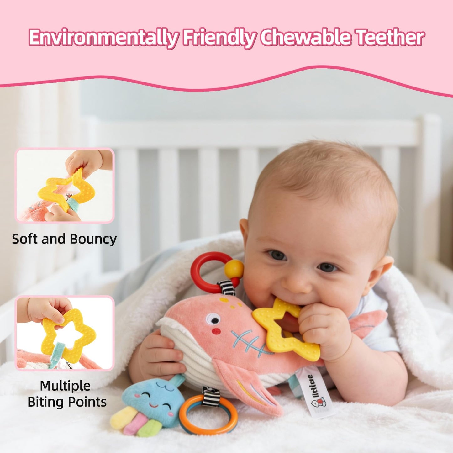 Pull Musical Toys for Car Seat 6-12 Months, Travel Sensory Toy 3-6 Months, Montessori Plush Toys for Roadtrip with Teether Crinkle Textures Clackers Squeaky Pulling Cords Newborn Infant Valentine Gift