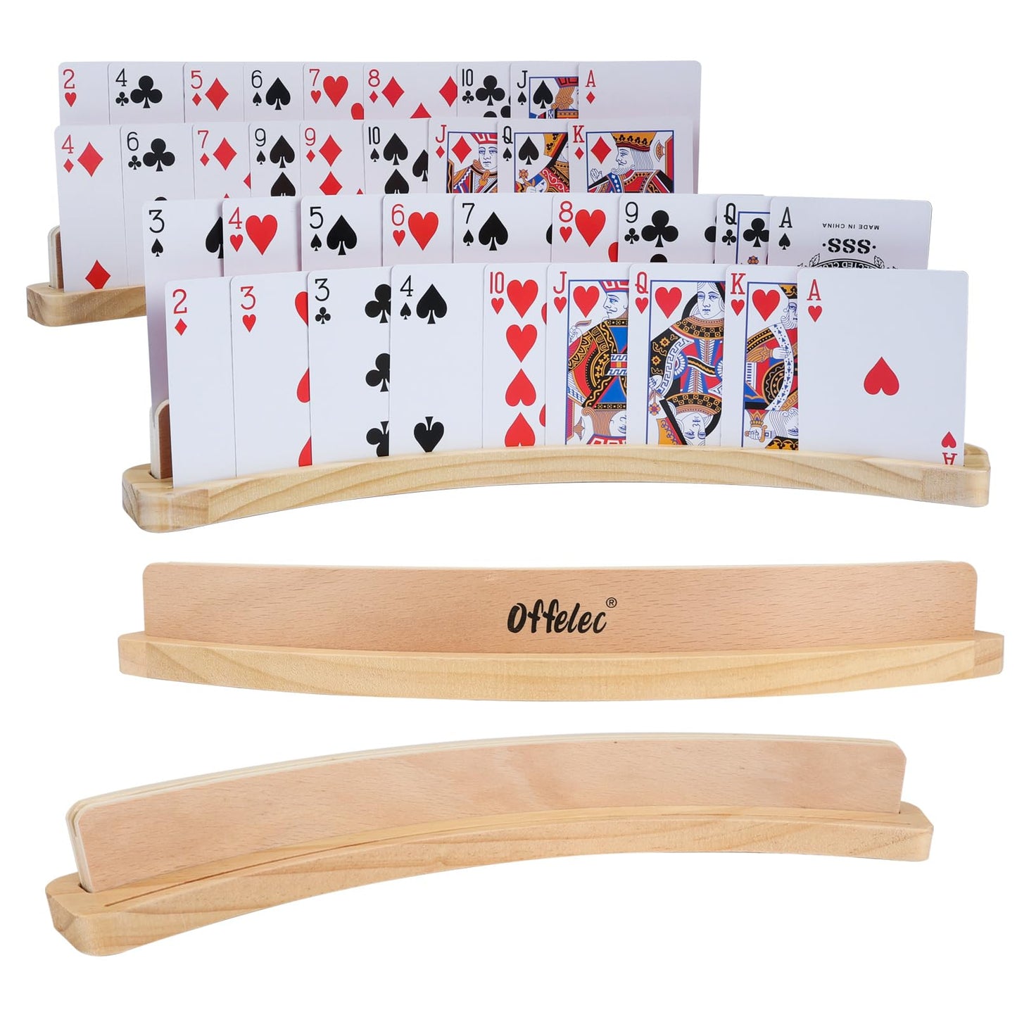 Offelec 4 Pack Wooden Playing Card Holders – 14 Inch 2-Slot Curved Card Holder for Kids, Adults, Seniors, with Non-Slip Base, Stackable Deck Organizer for Bridge, Poker, Strategy Games & Family Nights