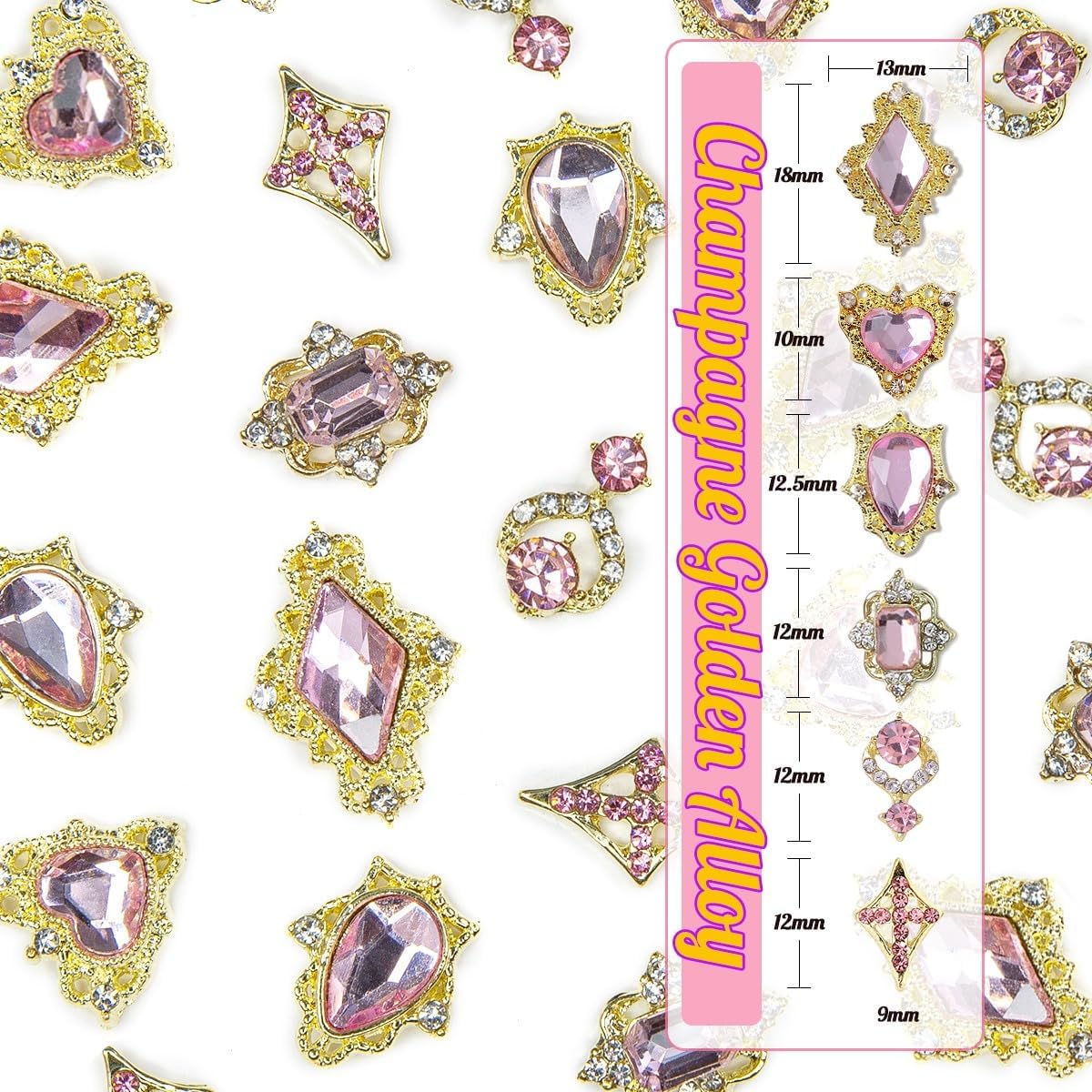 qiipii 24pcs Pink Luxury Nail Charms +2000pcs Rhinestones 3D Big Nail Gems K9 Glass Nail Crystals Diamonds Jewelry Stones Alloy Nail Art Studs Decor Supplies Heart Charms for Arylic Nails DIY Crafts