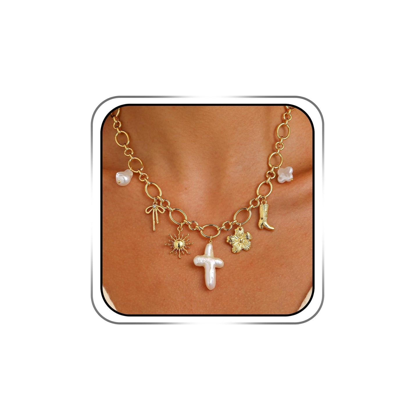 Chunky Charm Cross Pearl Necklace For Women Seashell Shell Starfish Beach Bow 14K Gold Plated Pendant Summer Jewelry (03 Pearl Cross)
