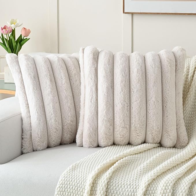 FUTEI Beige Decorative Throw Pillow Covers 18x18 Inch Set of 2, Square Soft Faux Rabbit Fur Thick Striped Cushion Cover,Winter Home Decor for Couch Bed Living Room