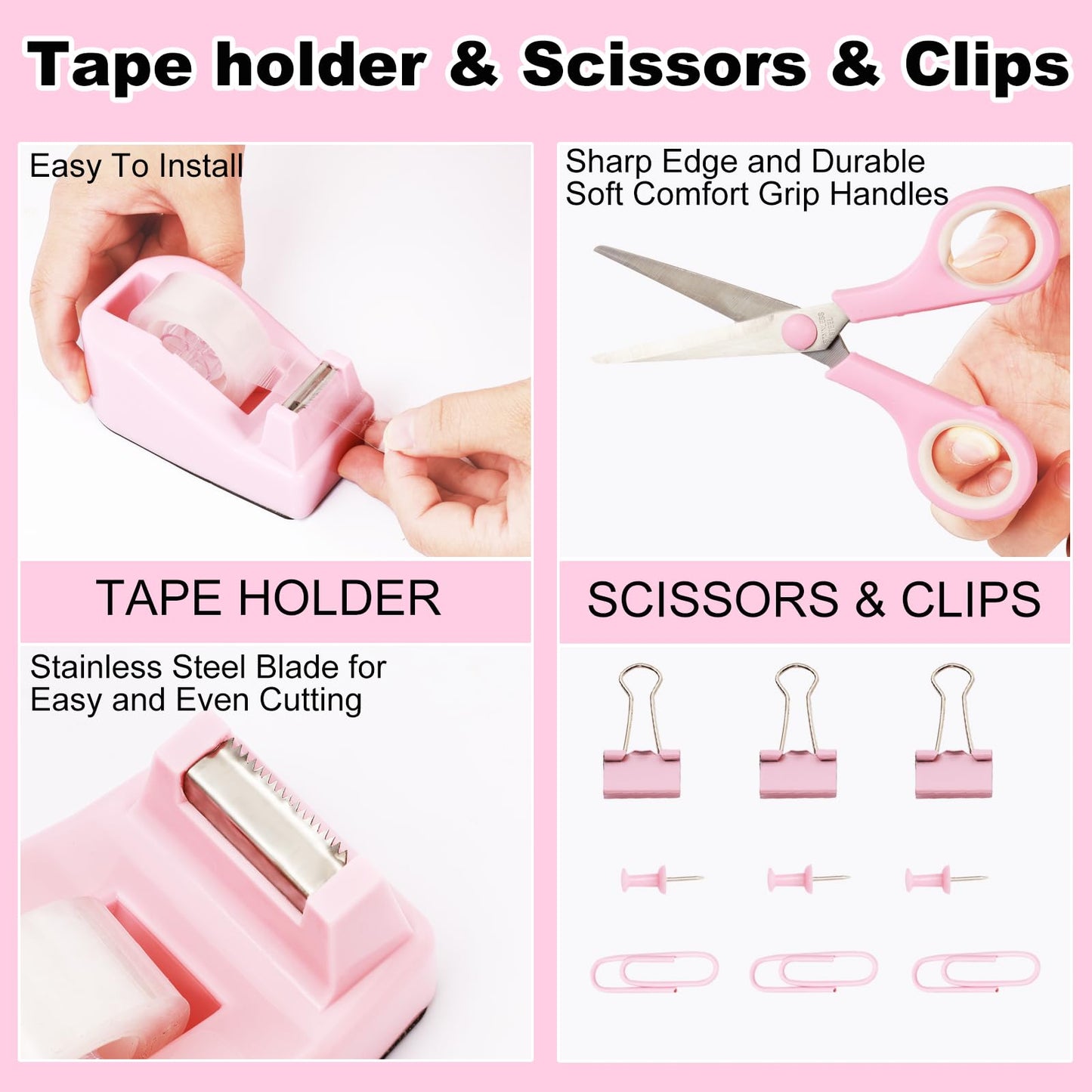 Gawsey Pink Desk Organizers and Accessories Set with 360-Degree Rotating Pen Holder, Tape Dispenser, Stapler, Staple Remover, 1000 Staples, Tape, Clips Set, Ruler, Scissor, Pen