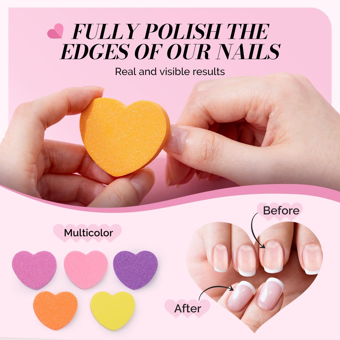 MelodySusie 50 Pcs Super Long Small Sanding Bands with Heart Shape Mini Nail Buffer Block