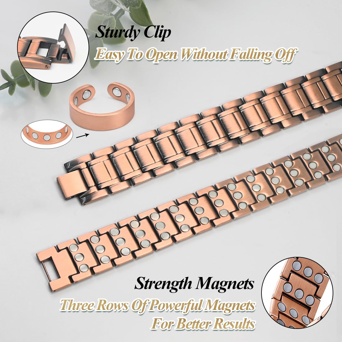 Vicmag Copper Magnetic Bracelet for Men, 3X Strength Magnets, Pure Copper Bracelet & 9X Magnet Ring Set, Adjustable Fit with Sizing Tool(Classic Copper)