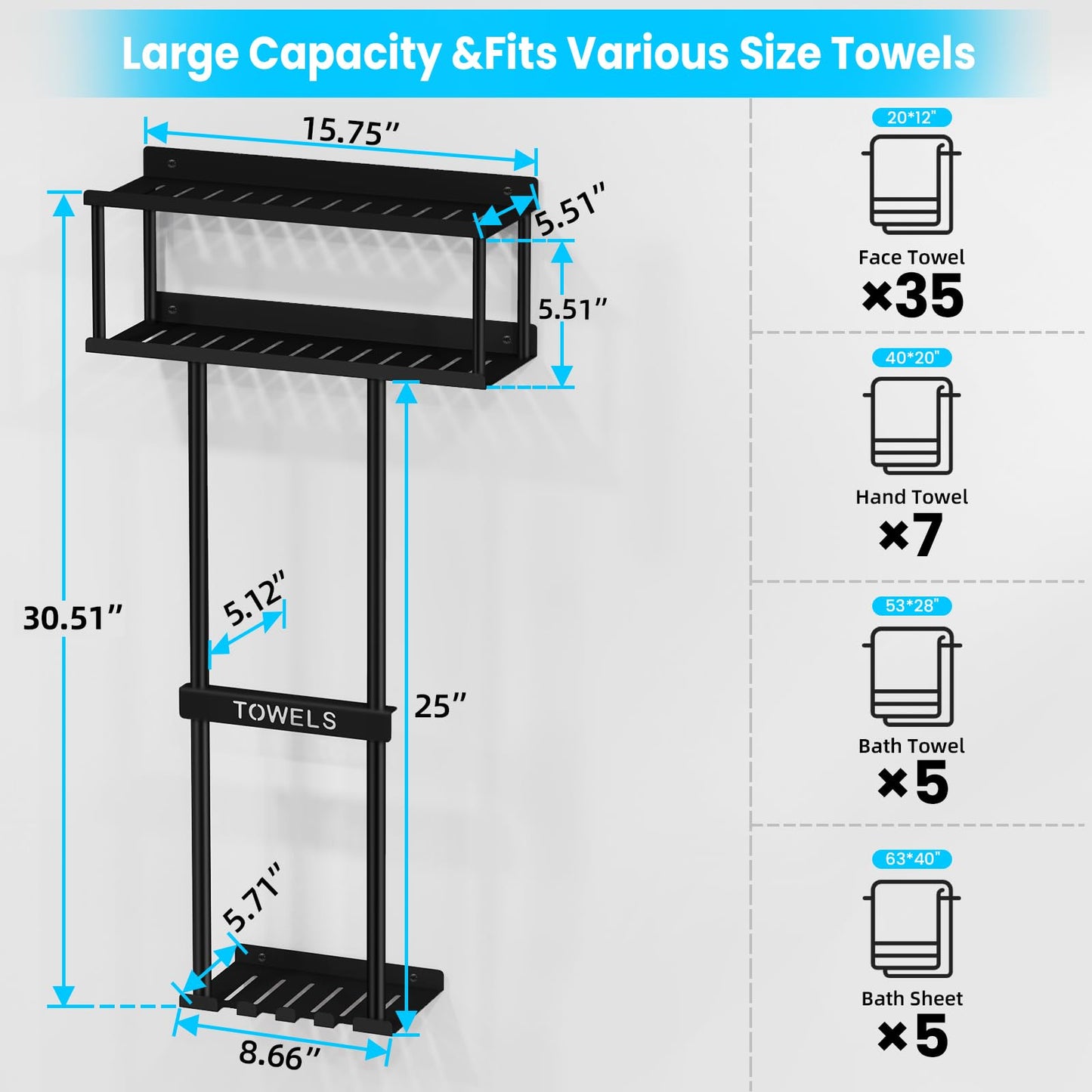 STWWO Bathroom Towel Storage Rack, Metal Towel Racks Wall Mounted Can Holds 5 Large Towels, 30.5IN Bathroom Towel Holder with Shelf & Storage Basket, Towel Organizer with 3 Hooks for RV, Apt, Black