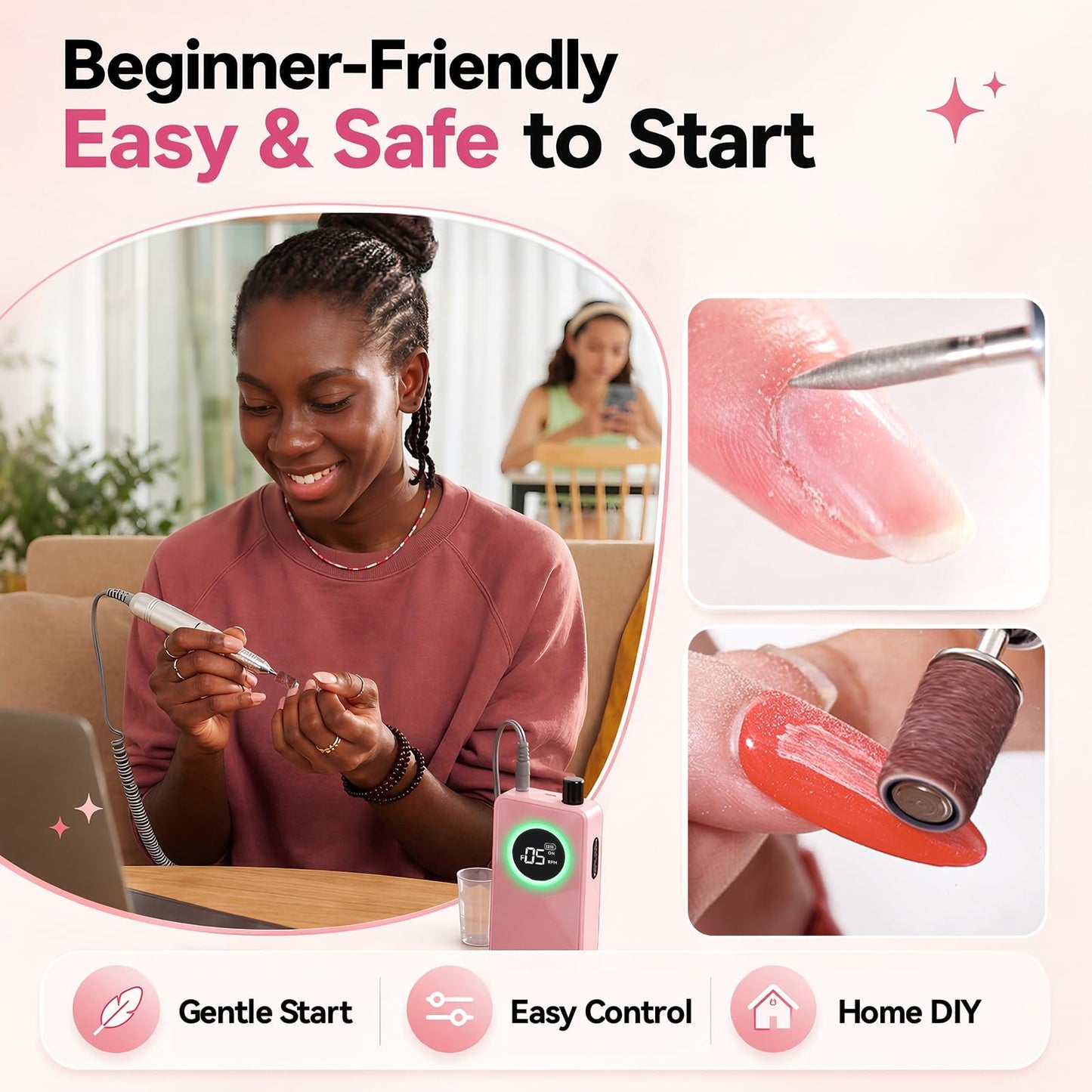 Makartt Cordless Nail Drill for Beginners: Easy & Safe Electric Nail File for Home DIY, Low Vibration Quiet Control with LCD, for Gel Removal, Shaping & Nail Care, YEEYAN