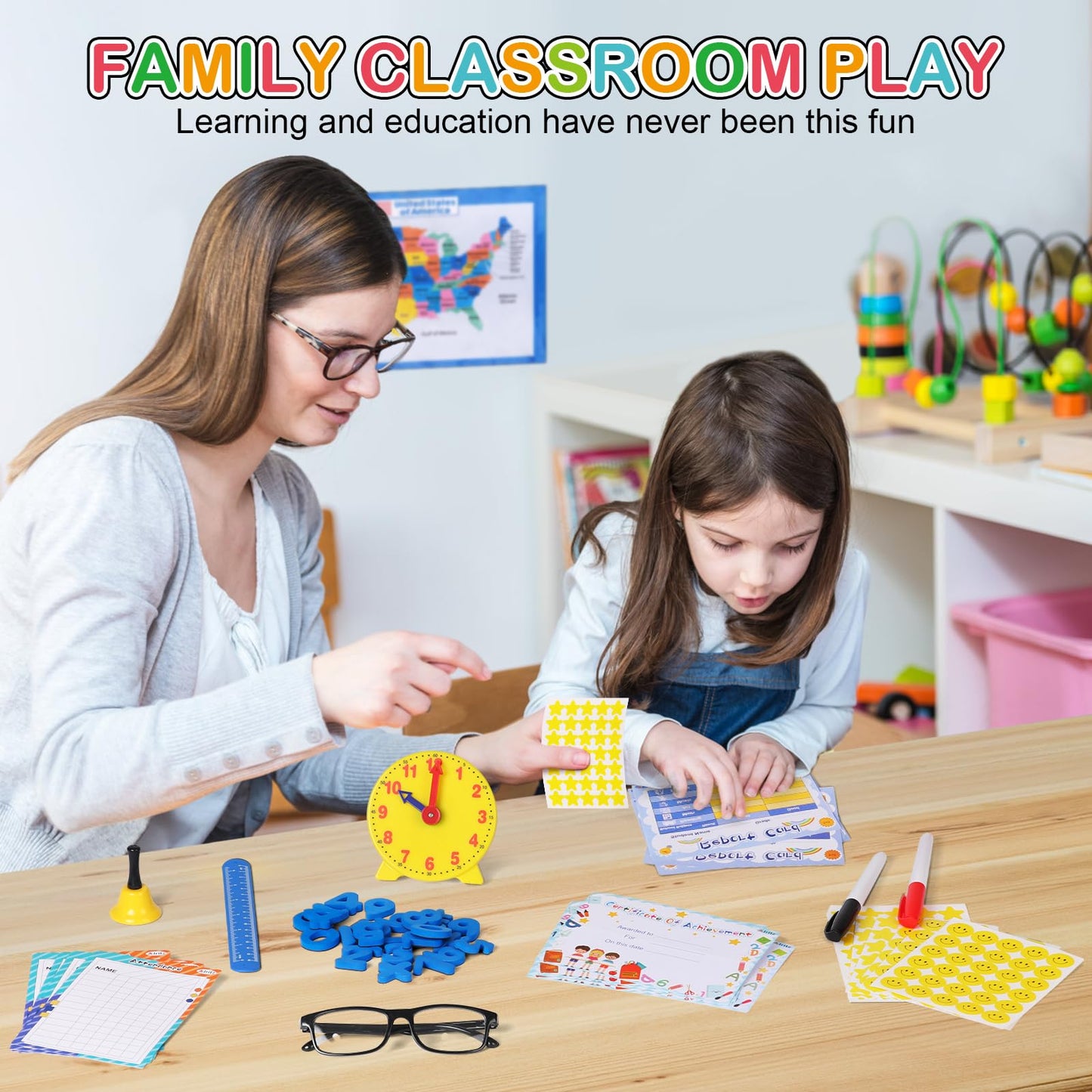 Alritz Pretend Play Teacher Set - Classroom Learning Education Includes Reusable White Board Bell Clock and More, Be Teacher Student, Gift for Boys Girls 5 6 7 8 9 10 11 12 +Years Old