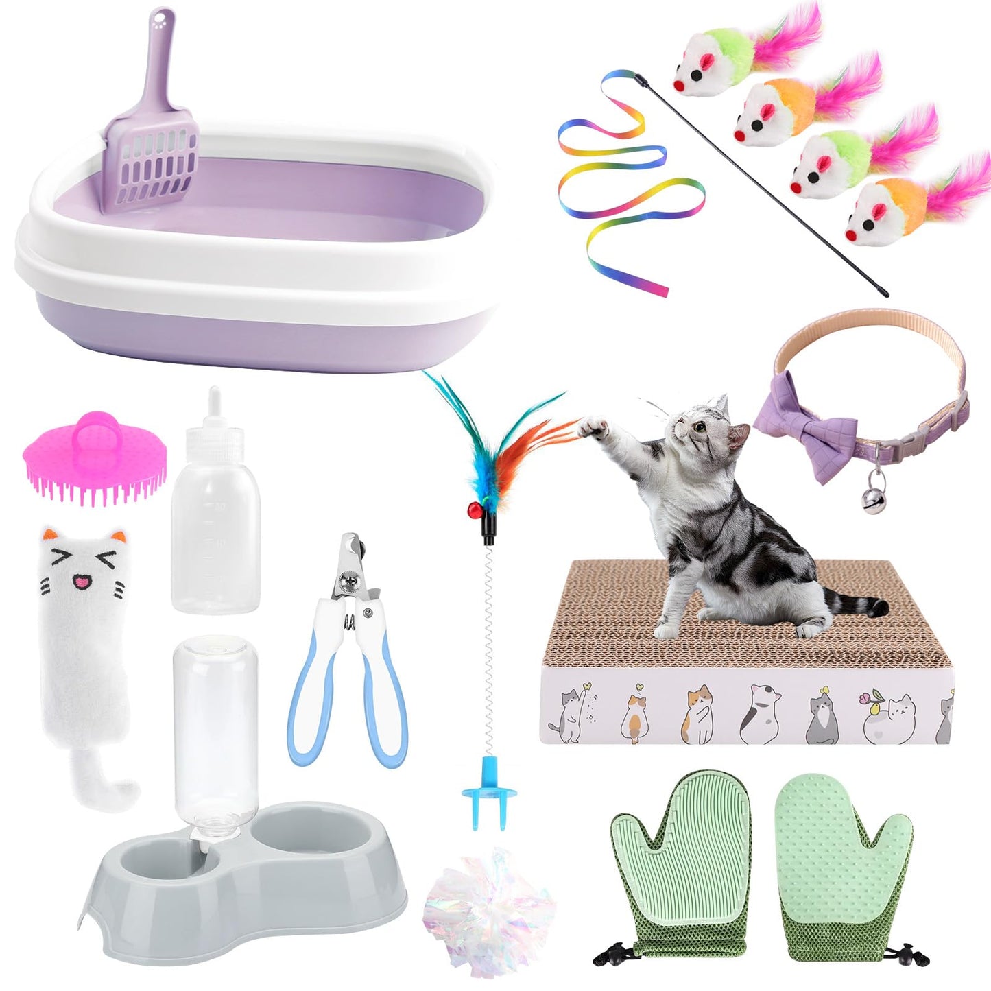 Kitten Starter Kit - 16 Pcs Cat Essentials Set Includes Litter Box, Toys, Collars, Scratch Pad, Nail File, Automatic Feed Bowls, Grooming Gloves (Purple, 16 Pcs)