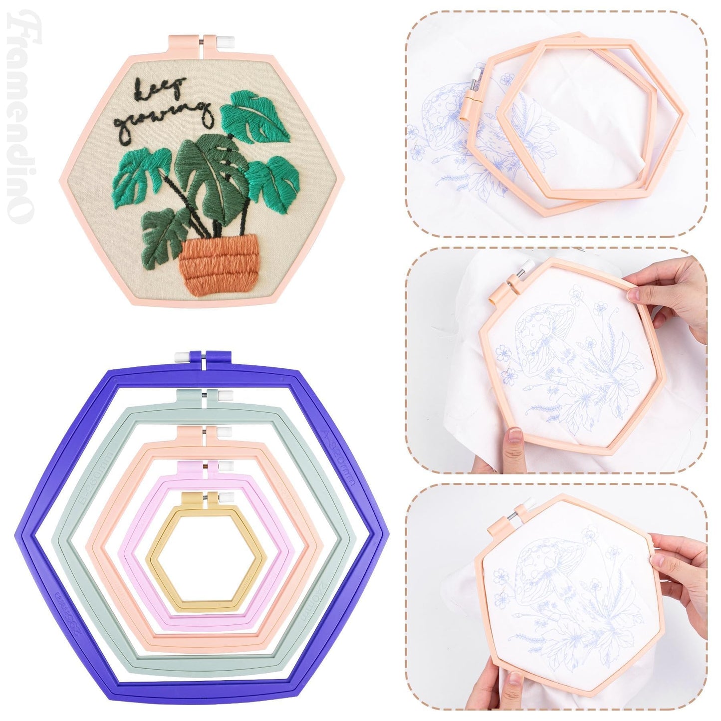 Framendino, 5 Pack Embroidery Hoop 5 Sizes Hexagonal Plastic Cross Stitch Hoops and Frames for Embroidery Craft Sewing