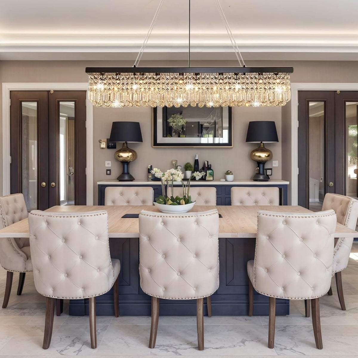 Rectangular Black Crystal Chandelier,10 Light Crystal Chandeliers for Dining Room, Rectangle Light Fixture for Kitchen Island L47''xW10''x H10''