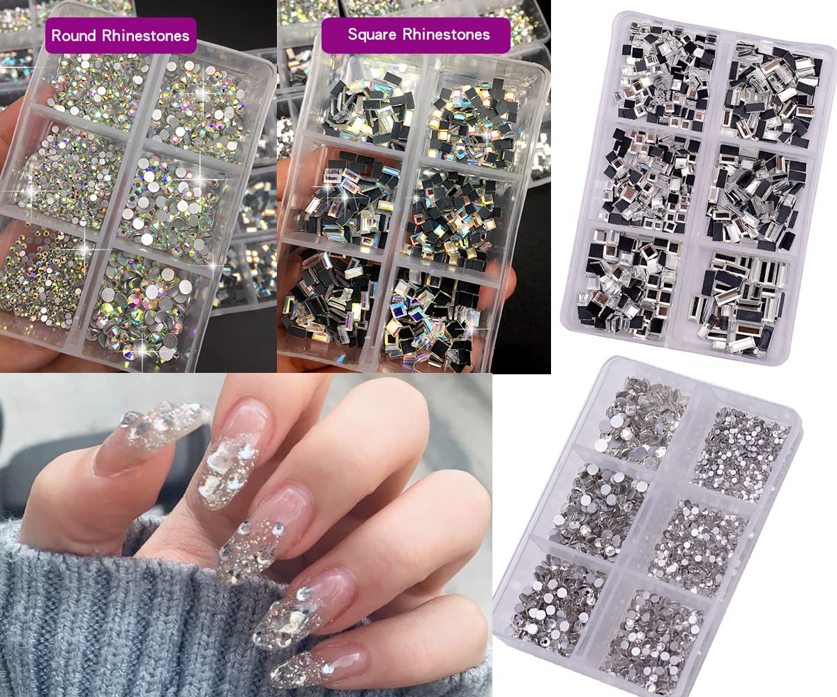 MIKOWEN Nail Art Rhinestones K9 Glass Crystal Iridescent AB Clear Flatback Diamonds for Round &Square Gems Stones Constitute in 6 Mixed Sizes Jewels Set for Nail Design Multiple 2920PCS PenTweezers