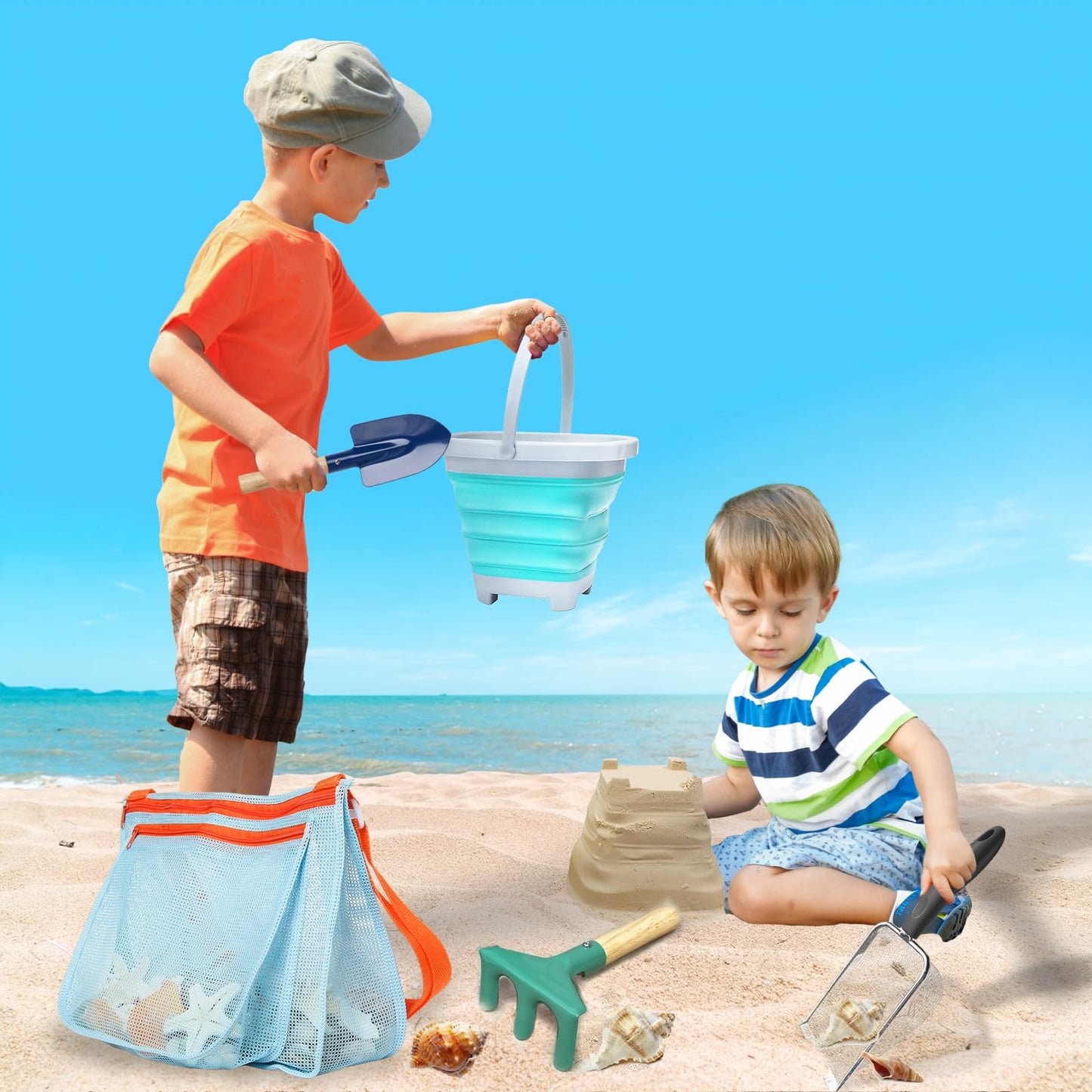 LIDAGO 5 Pcs Sand Toys Beach Set Include 1 Metal Shovel,1 Metal Rake,1 Foldable Beach Bucket & 1 Sand Sifter with 1 Mesh Beach Bag for Shells Collecting