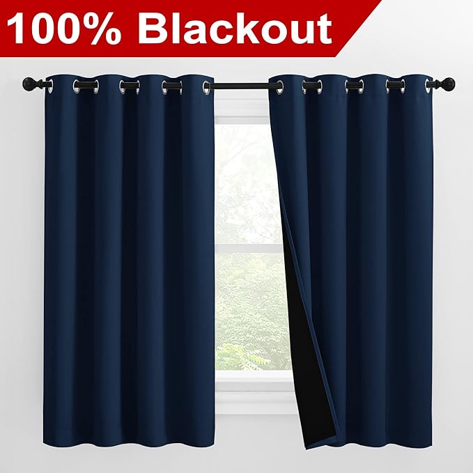 NICETOWN 100% Blackout Curtains with Black Liners, Thermal Insulated 2-Layer Lined Drapes, Energy Efficiency Small Window Draperies for Dining Room (Navy Blue, 2 Panels, 55 inches W by 57 inches L)