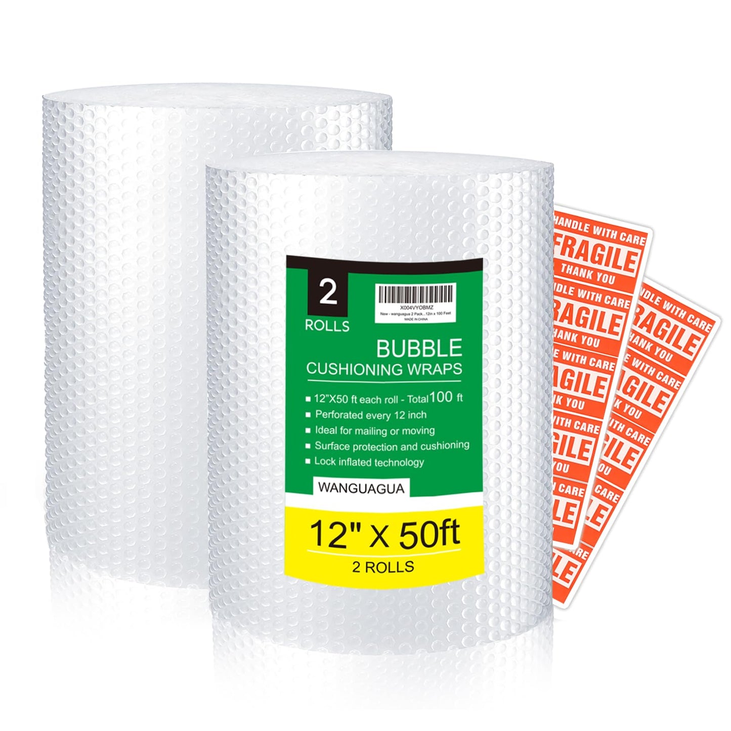 wanguagua 2 Pack 12 Inch x 100 ft Total Bubble Packing Wrap for Moving Boxes Shipping Cushioning Supplies Perforated Every 12”